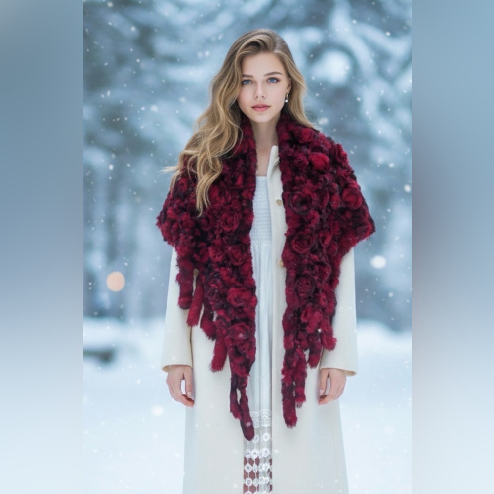 Rabbit Fur Elegant Red Floral Shawl Poncho